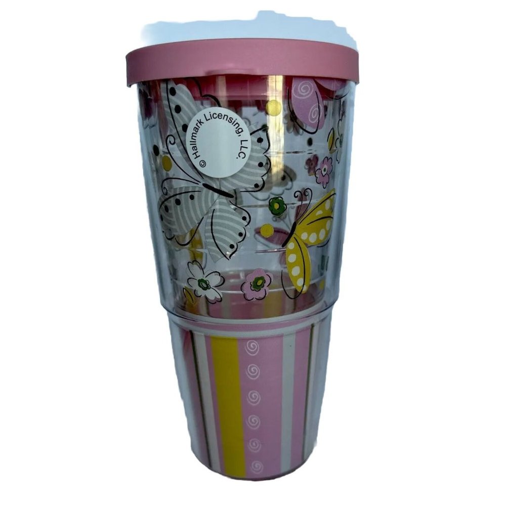 24 oz Tervis Hallmark Pink Lid Butterflies Floral Stripes Travel Tumbler Cup
